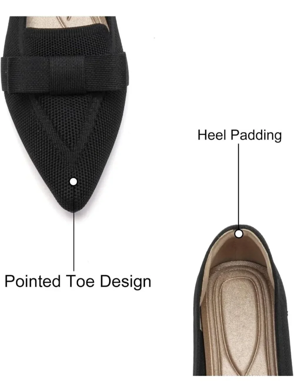 Women's Black Rubber Soft Knit Breathable Pointed Toe Ballet Flats Casual Shoes